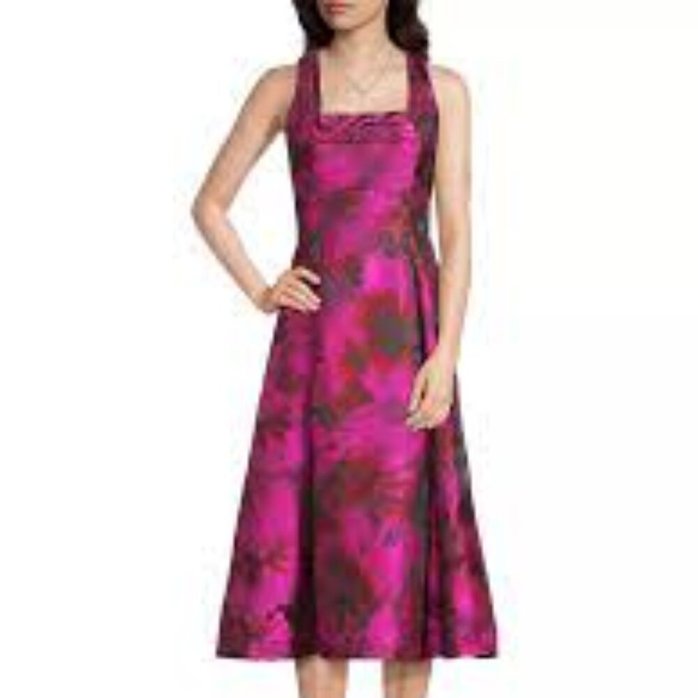 Aidan Mattox hot pink purple Jacquard tea time pocket midi dress size 2